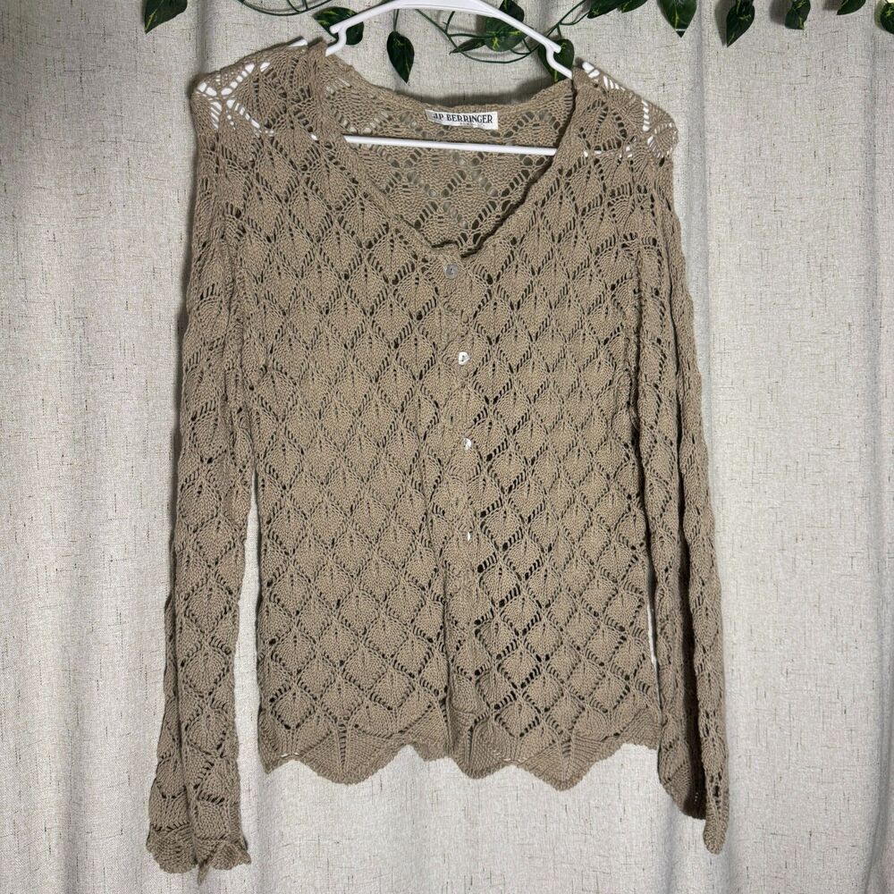 JP Berringer Crochet Knit Cardigan Women’s M Taupe Boho Button Front Open Knit